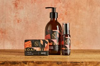Brick Lane 50ml and 300ml Rinse Free Hand Wash bottles beside the matching handmade soap, sold separately.