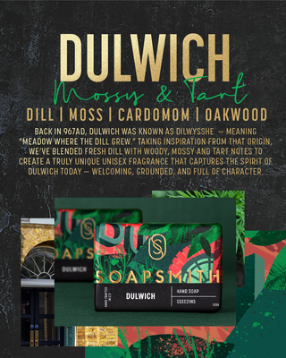 Dulwich scent notes: dill, moss, cardamom and oakwood, with the Dulwich soap.