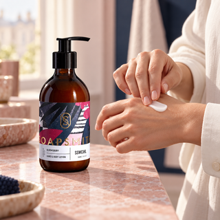 Bloomsbury 300ml hand and body lotion being smoothed onto the back of a hand beside its amber glass bottle.