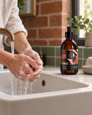 Hands lathering at a basin beside Brick Lane wash in a 300ml amber glass bottle.