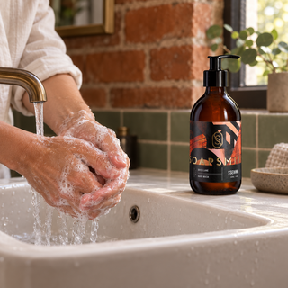 Hands lathering at a basin beside the Brick Lane 300ml hand wash in its amber glass bottle.