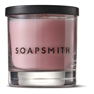 Bloomsbury soy candle with the black lid on