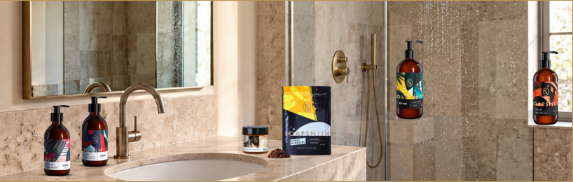Soapsmith Shower Care Kit wash, lotion and gift options in a bathroom