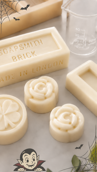 Soapsmith workshop soaps with decorative cobwebs, bats and a smiling cartoon vampire