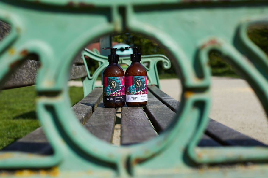 Soapsmith products photographed on a park bench in Walthamstow