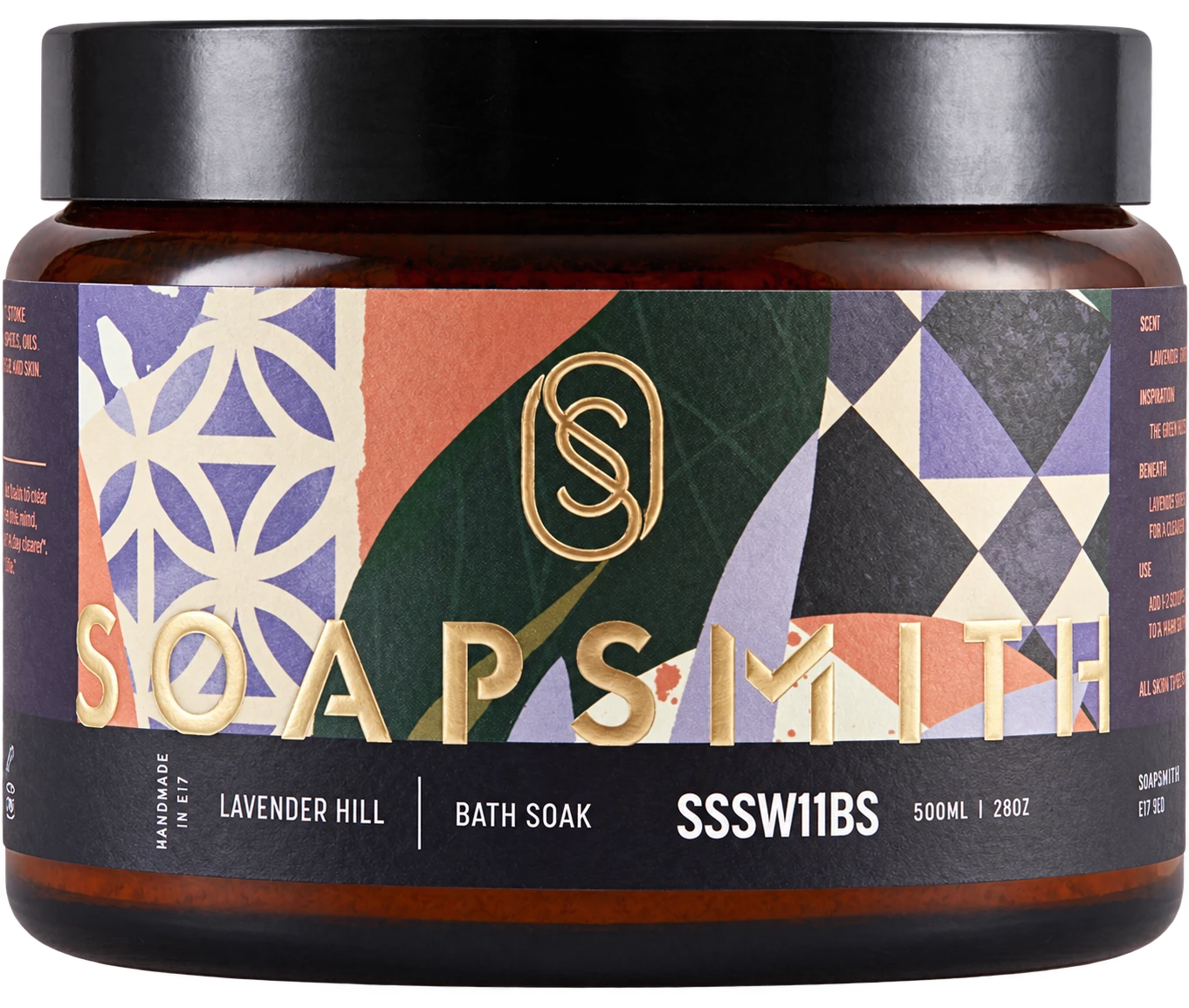 Lavender Hill Bath Soak jar in its illustrated Soapsmith packaging