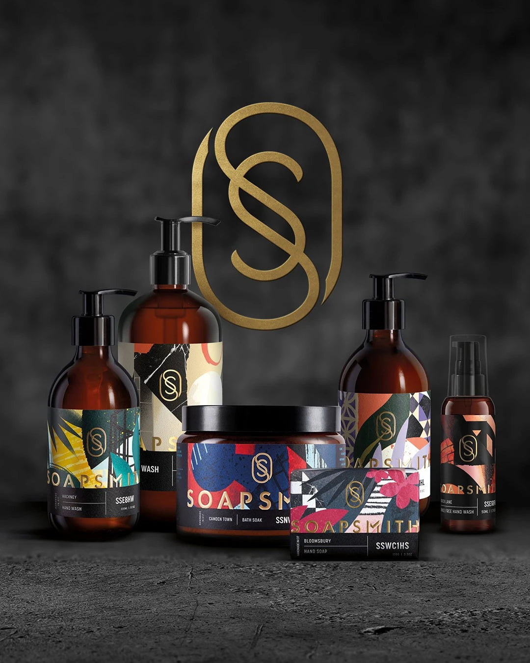 Soapsmith products with their colourful London-inspired labels and gold monogram