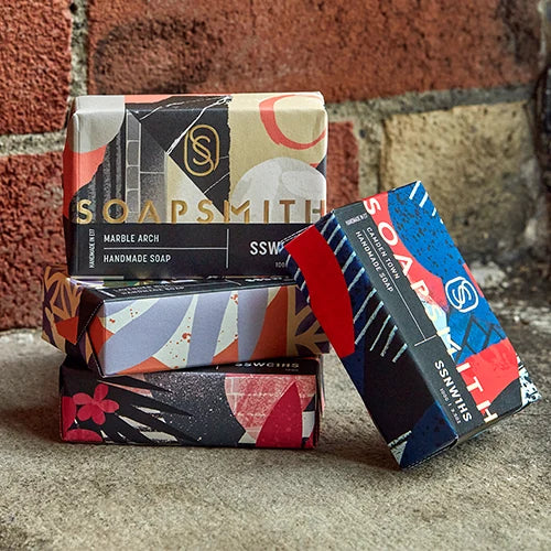 Four Soapsmith handmade soap packs with different illustrated London scent artwork